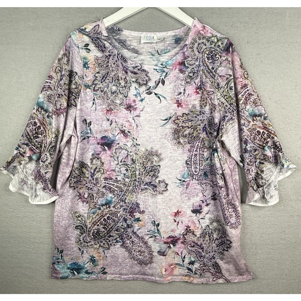 Time And Tru Fairy Top Womens XL 16 18 Floral Paisley Rhinestone Whimsy Ruffle